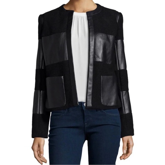 NWOT L’Agence Women’s Harper Leather and Wool Contrast Blazer in Black Size 2 - Picture 2 of 16